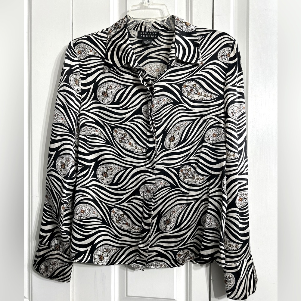 Spenser Jeremy Women's Zebra Print Button Down Silk Shirt Size 10